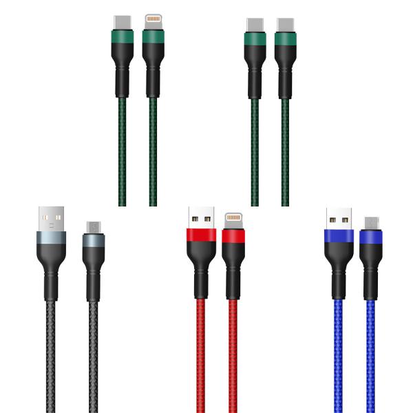 5V 2A / 5V 3A Braided Charging Cable for Lightning / Android / Type C Devices 1M