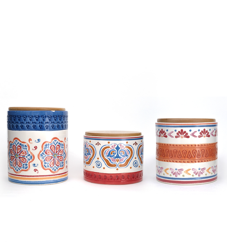 Middle Eastern Flower Decal Storage Jars Food Ceramic Canister Set With Bamboo Lid And Silicone Ring