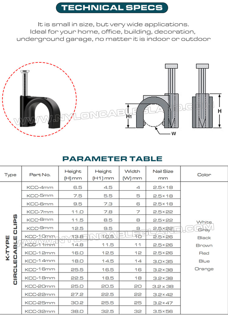 Cable Clips (Wire Clips, Nail Clips), Polyethylene, Black/White, U-Shaped, K-Type, 4mm~32mm, For Cable Management