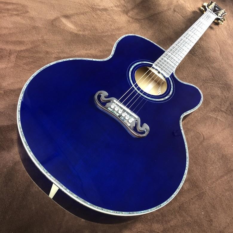 Custom 43 Inch Sky Blue Lacquered Solid Wood Polished Jumbo Flamed Maple Back Side Cutaway Acoustic Guitar