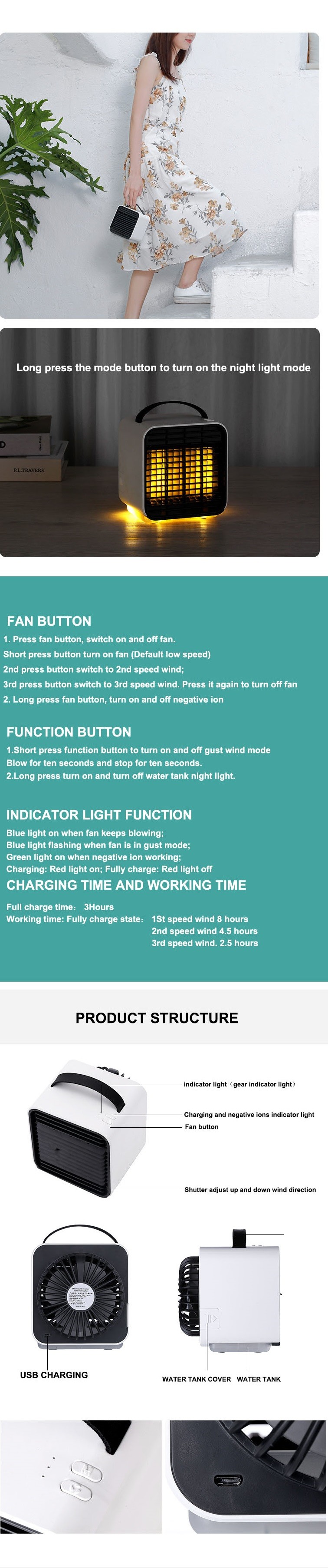 Rechargeable Handheld Air Cooler Fan Battery 150ml Water Spray Cooler Fan