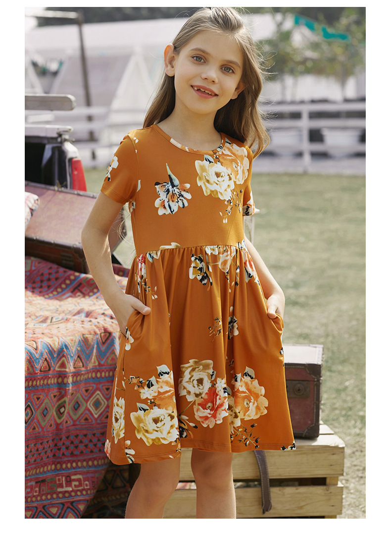 Summer Children's Clothing Solid Color Cotton Printed Short Sleeve Casual Girls Dress