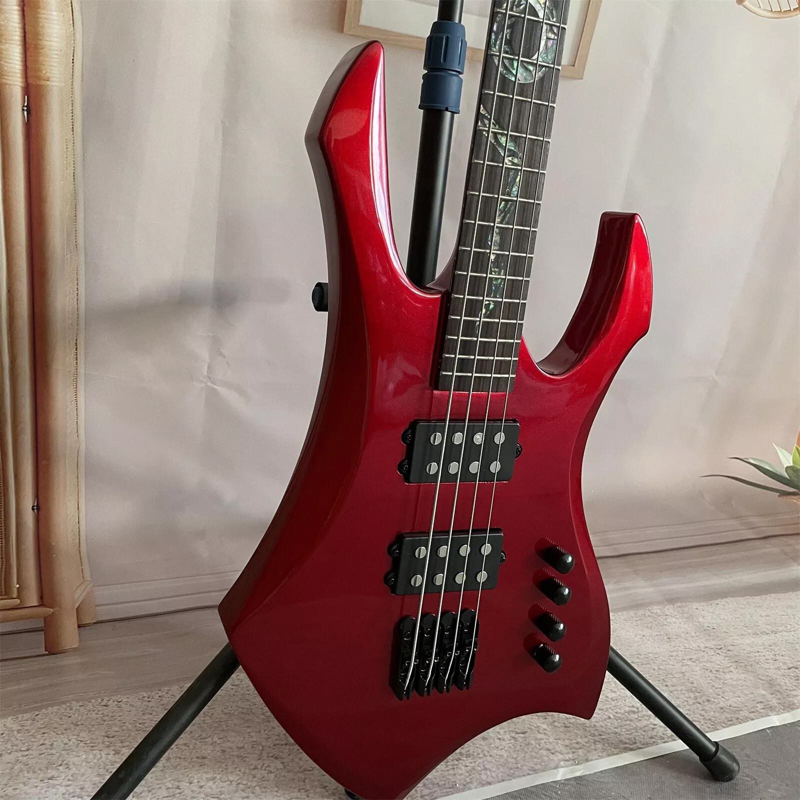 Custom Special Irregular Body Shape Transparent Red Electric Bass Guitar 4 Strings Basswood Body