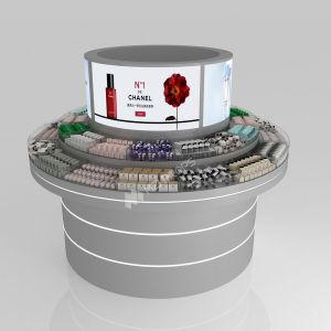 Retail Store Design Grey Wooden Sample Island For Space-Saving Shop Table And