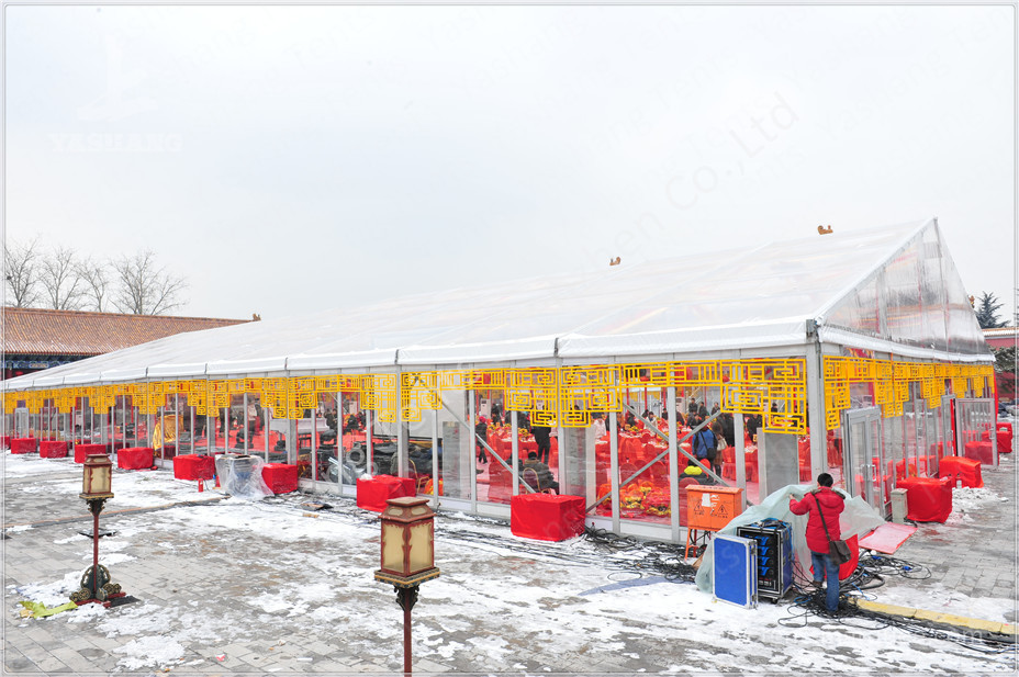 Double Pitch High Pressed Aluminum Framed Tent Solid ABS Wall Clear Glass Door 20M X 40M