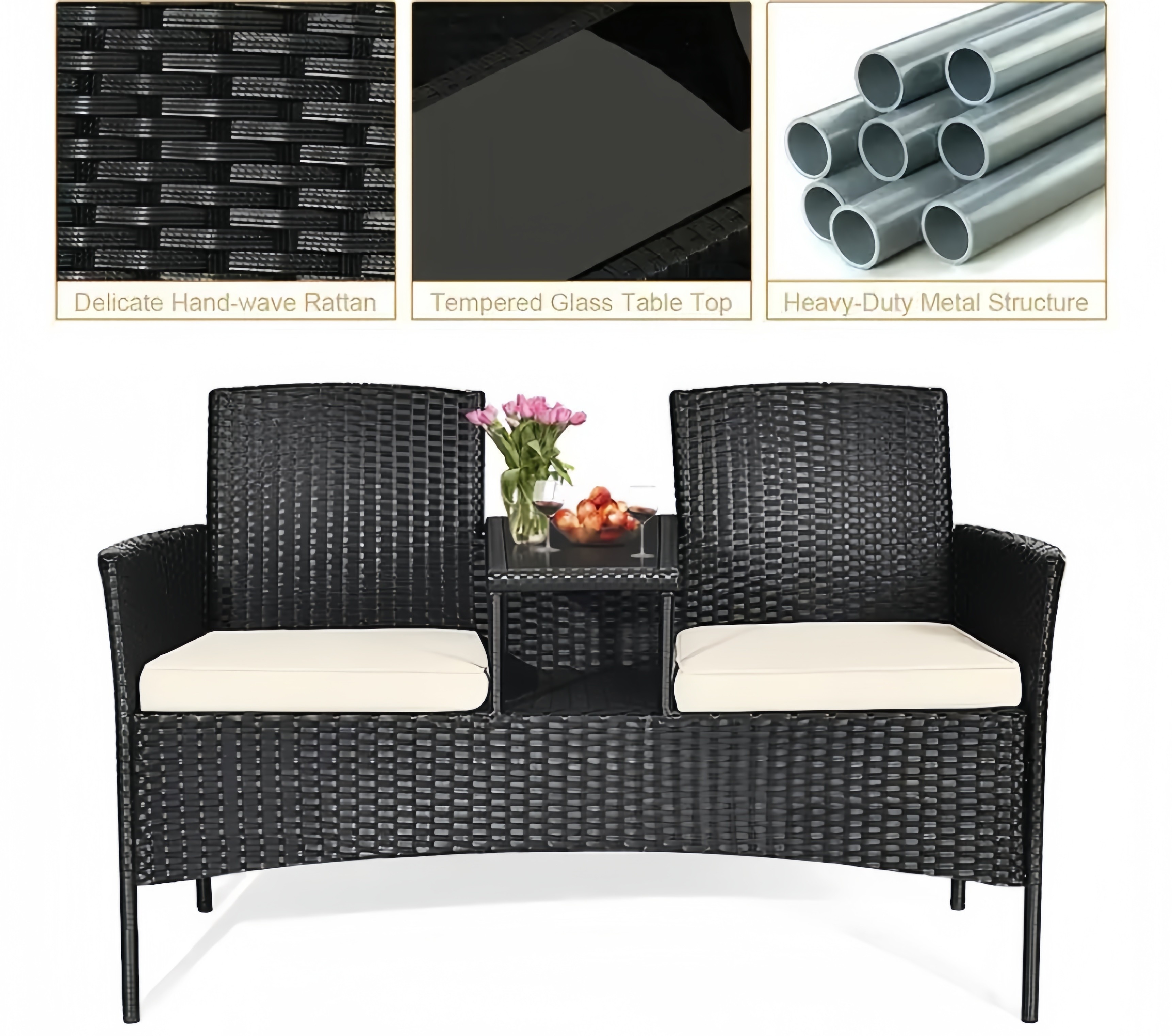 153cm Loveseat Set Patio Wicker Conversation Set Rattan Removable Cushions