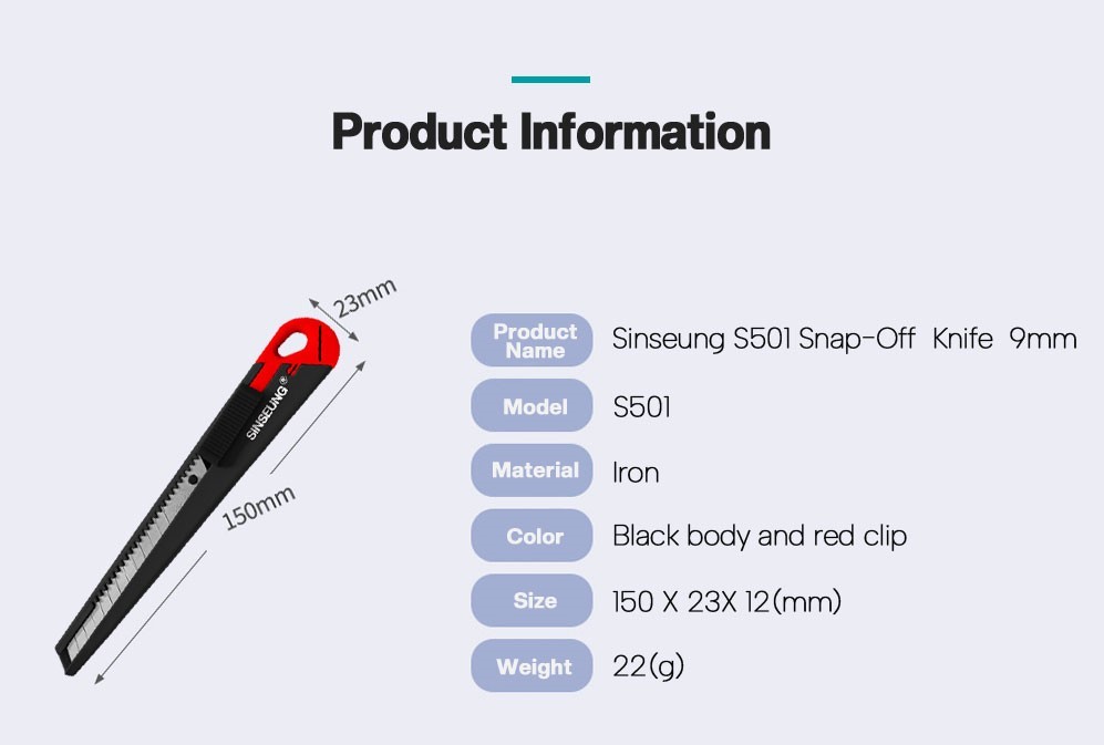 Sinseung S501 9mm Snap Off Utility Knives All Metal Body Cardboard Cutting Tools