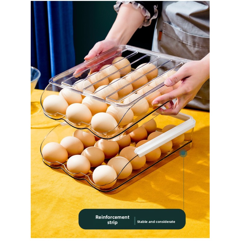 Multi-layer Durable Clear Plastic Rolling Kitchen Organizer Rectangle Egg Storage Box Holder for Refrigerator Auto