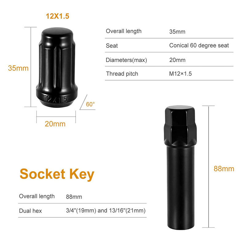 Car Safety Wheel Lock Nut Anti-theft Nut Hex 19/21mm Height 91mm 89mm Inner Diameter 17.6mm Chrome Grade 10