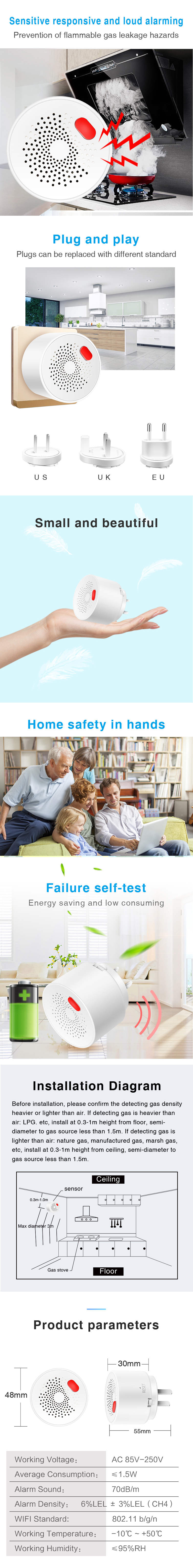 Tuya Wifi Smart Gas Leak Detector Sensor US/UK/EU Plug Home Security Guard Remote Household Gas Alarm Detector Leakage S