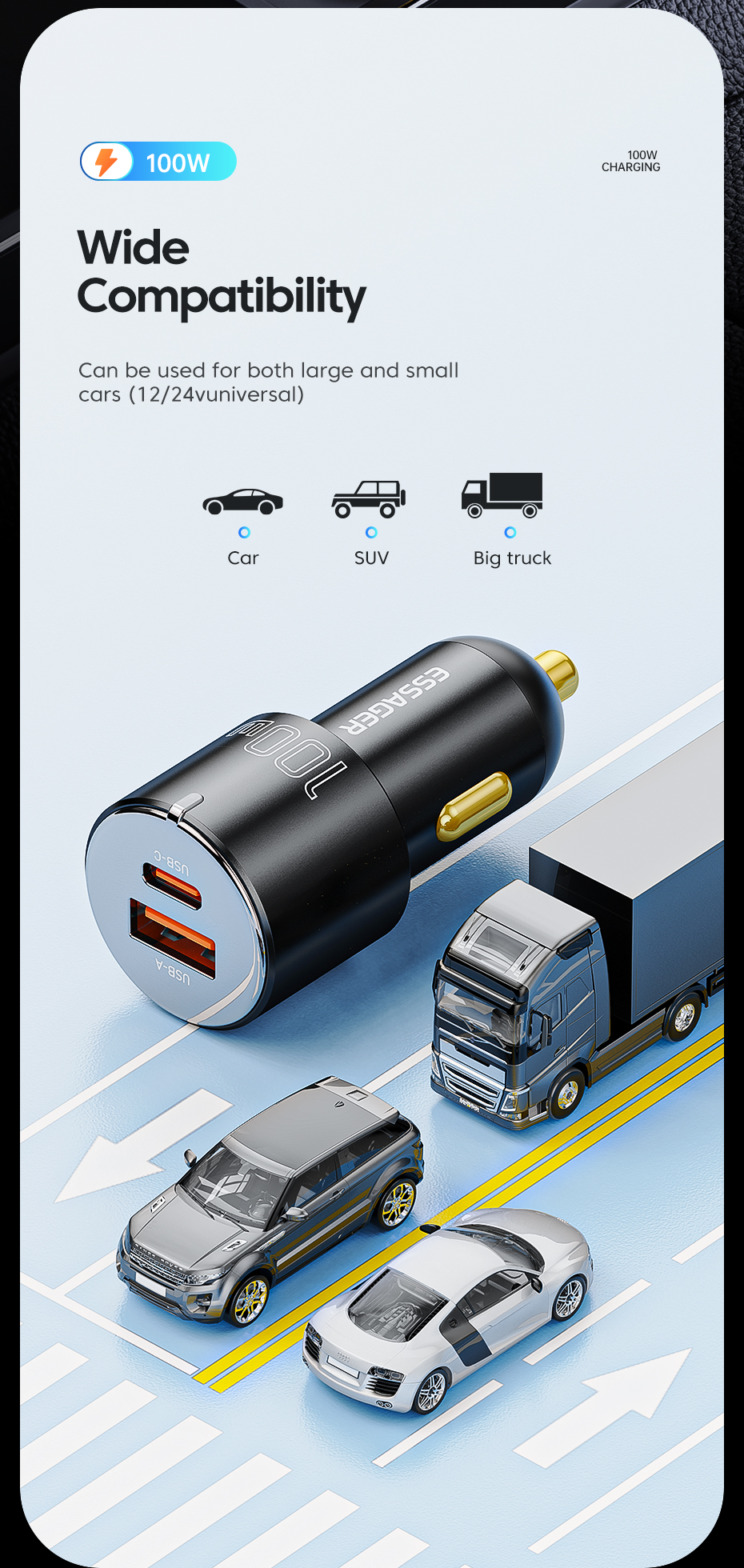 A+C Car Charger Black PD65W Type C And 35W USB-A Dual Port 100W Car Charger