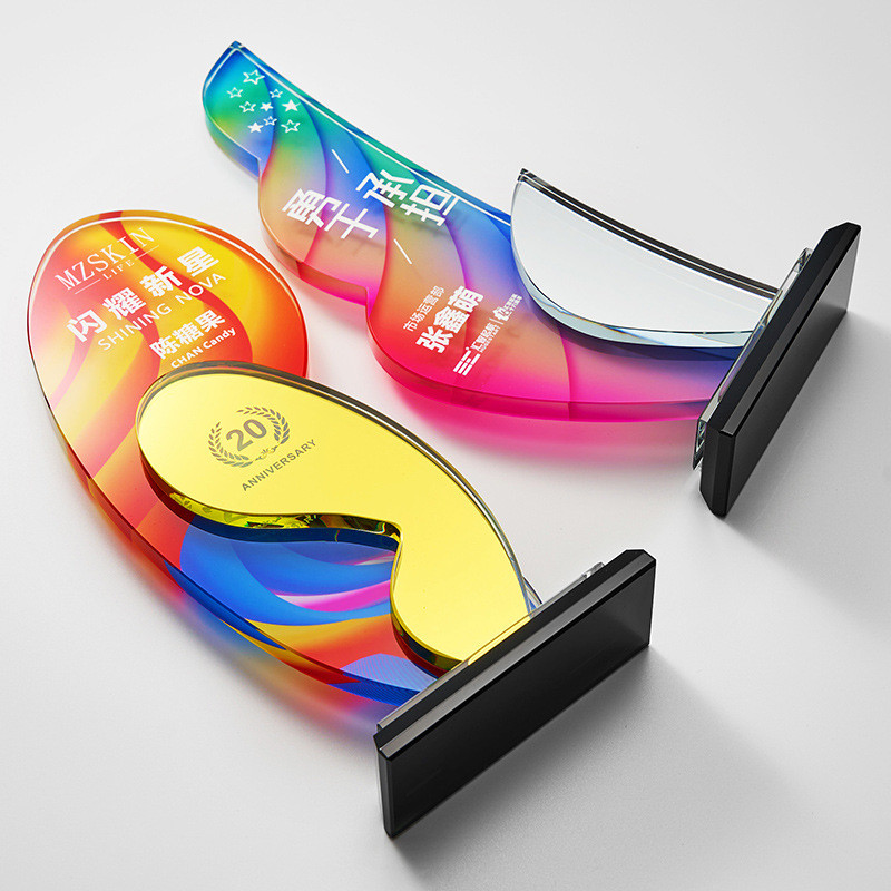 Wholesale Custom Colorful Acrylic Award Trophy Plexiglas Plaque with UV printing and Engraving For Business Recognition or Anniversary Celebration
