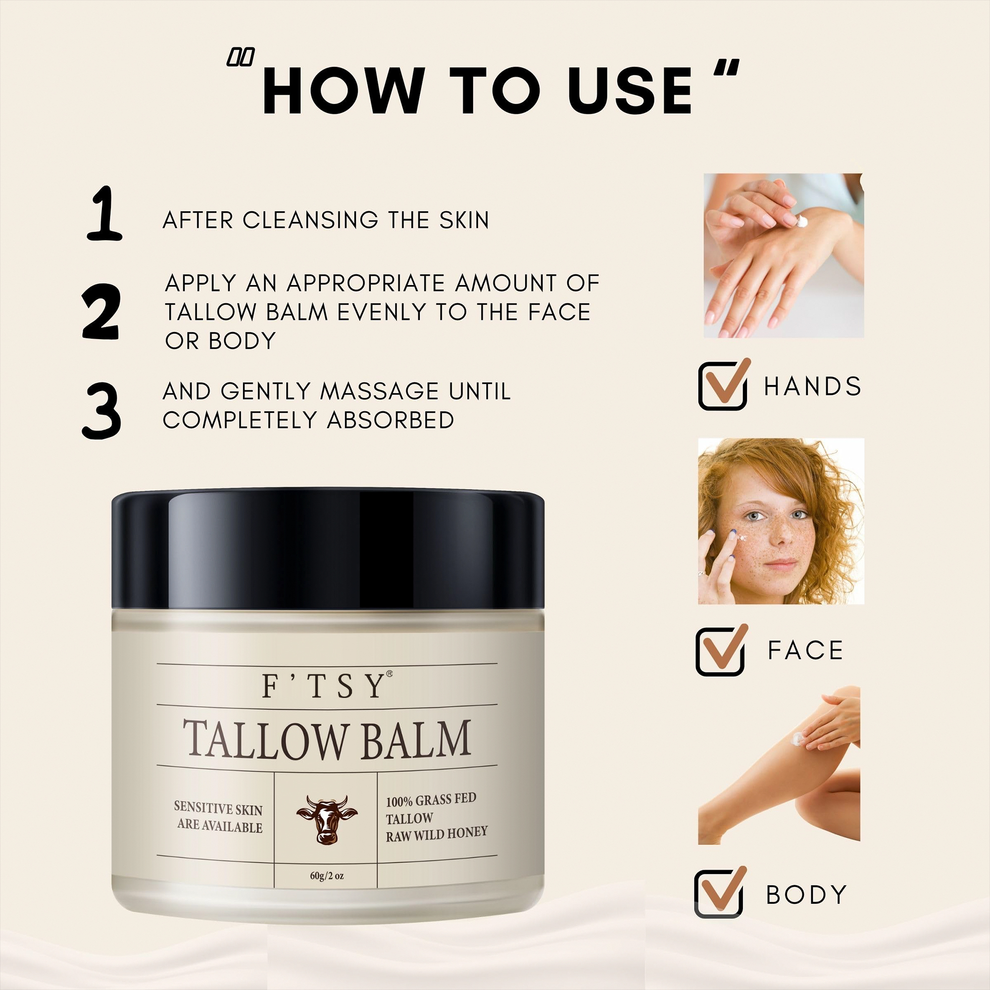 Private Label Skincare Natural Honey Tallow Beef Face Moisturizer Organic Vitamin E Moisturizing Tallow Balm Face Cream Lotion