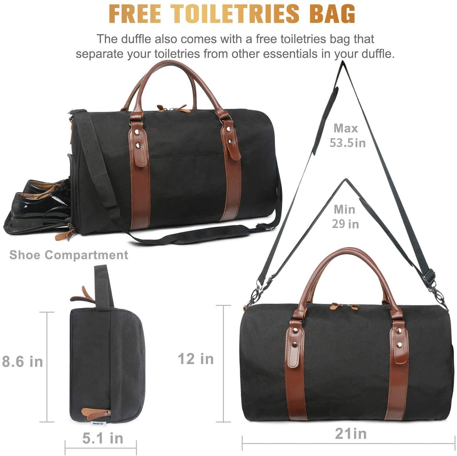 21X5.1X12 Inches Travel Duffel Bag , Overnight Black Durable Perfect Weekend Bag
