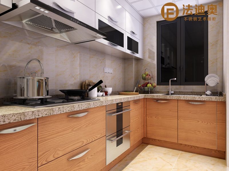Fadior Short U-Shape Warm Wood Grain And White Kitchen Cabinet With Upward-Opening Door Design