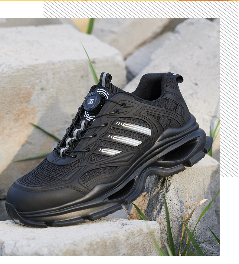 Kevlar Mid Sole Anti-stab Steel Toe Anti-smash BOA Rotating Button KPU Flying Knit Work Shoes In Black