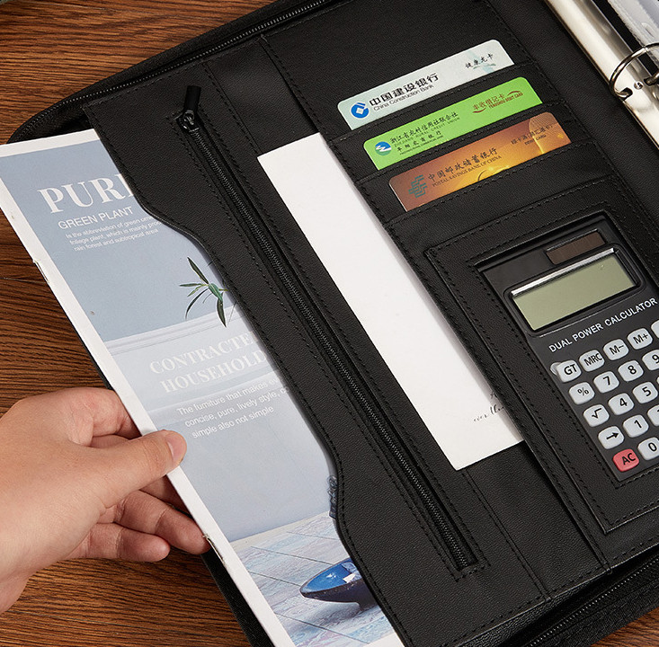 A4 Zippered Leather Business Portfolio Multifunctional Waterproof With Power Bank