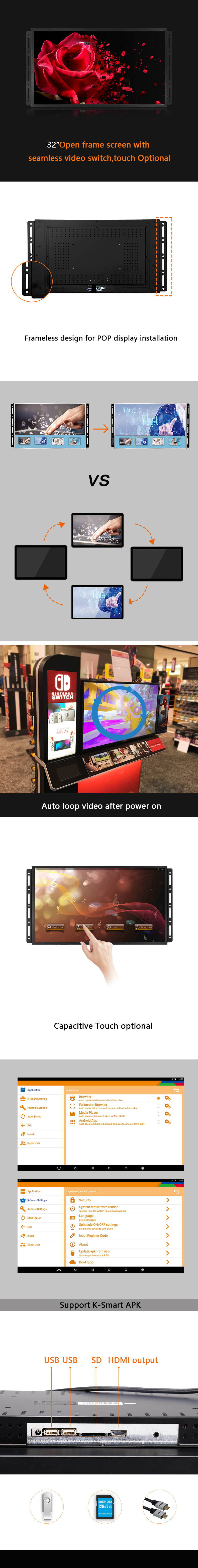 Indoor Digital Advertising Player , 32 Inch Wall Mount Lcd Display
