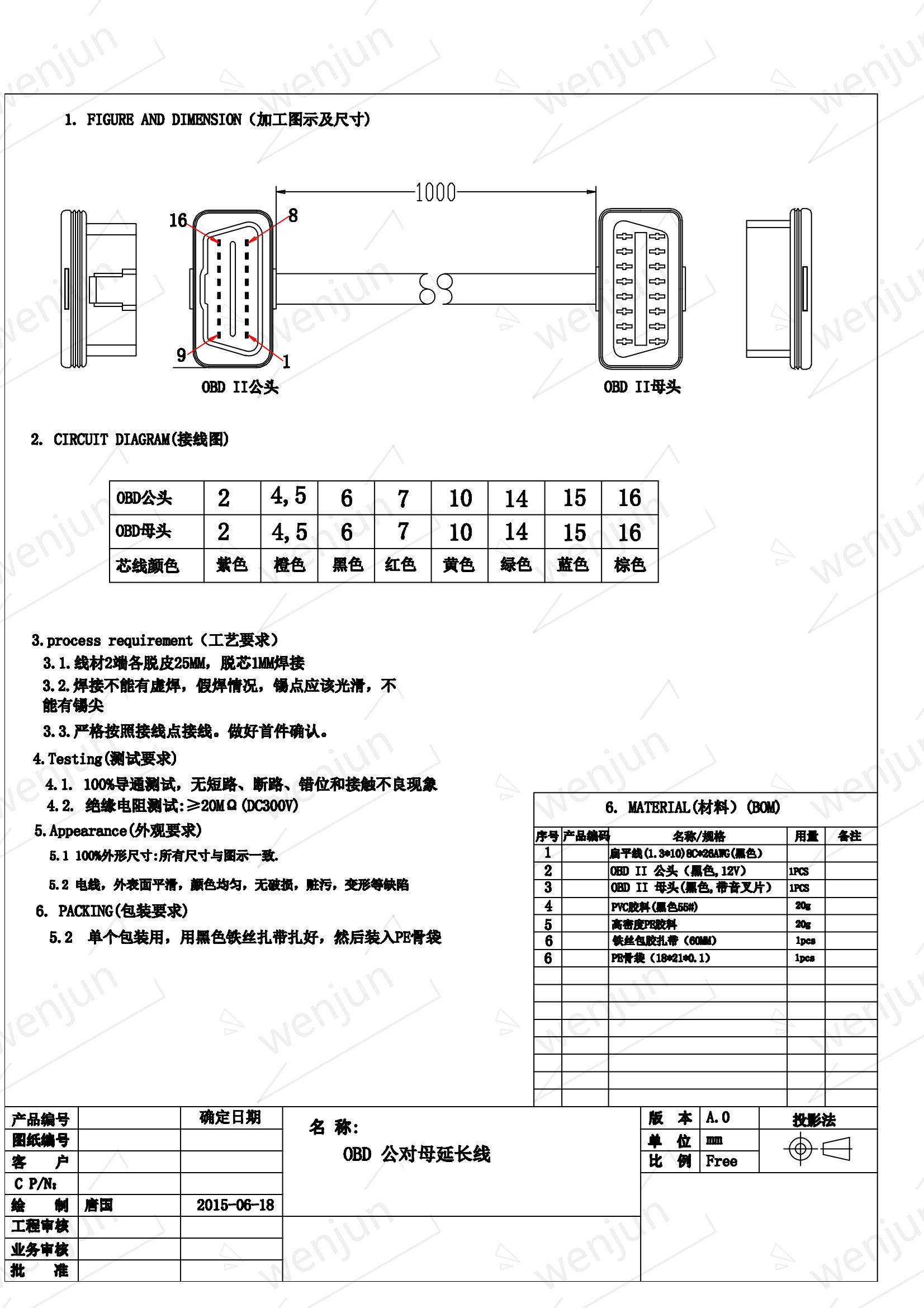 Flat 100cm OBD2 OBD Extender Cable Male To Female For Automotive Industries
