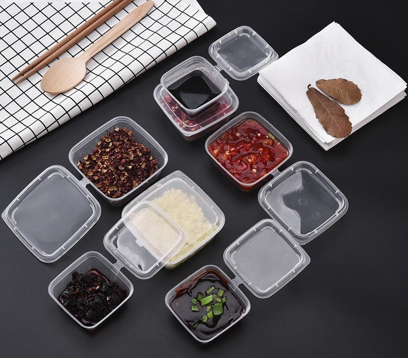 1oz 2oz 3oz 4oz Square Disposable Chili Sauce Cups Take Out PP Material Clear Plastic Portion Cup With Hinged Lid