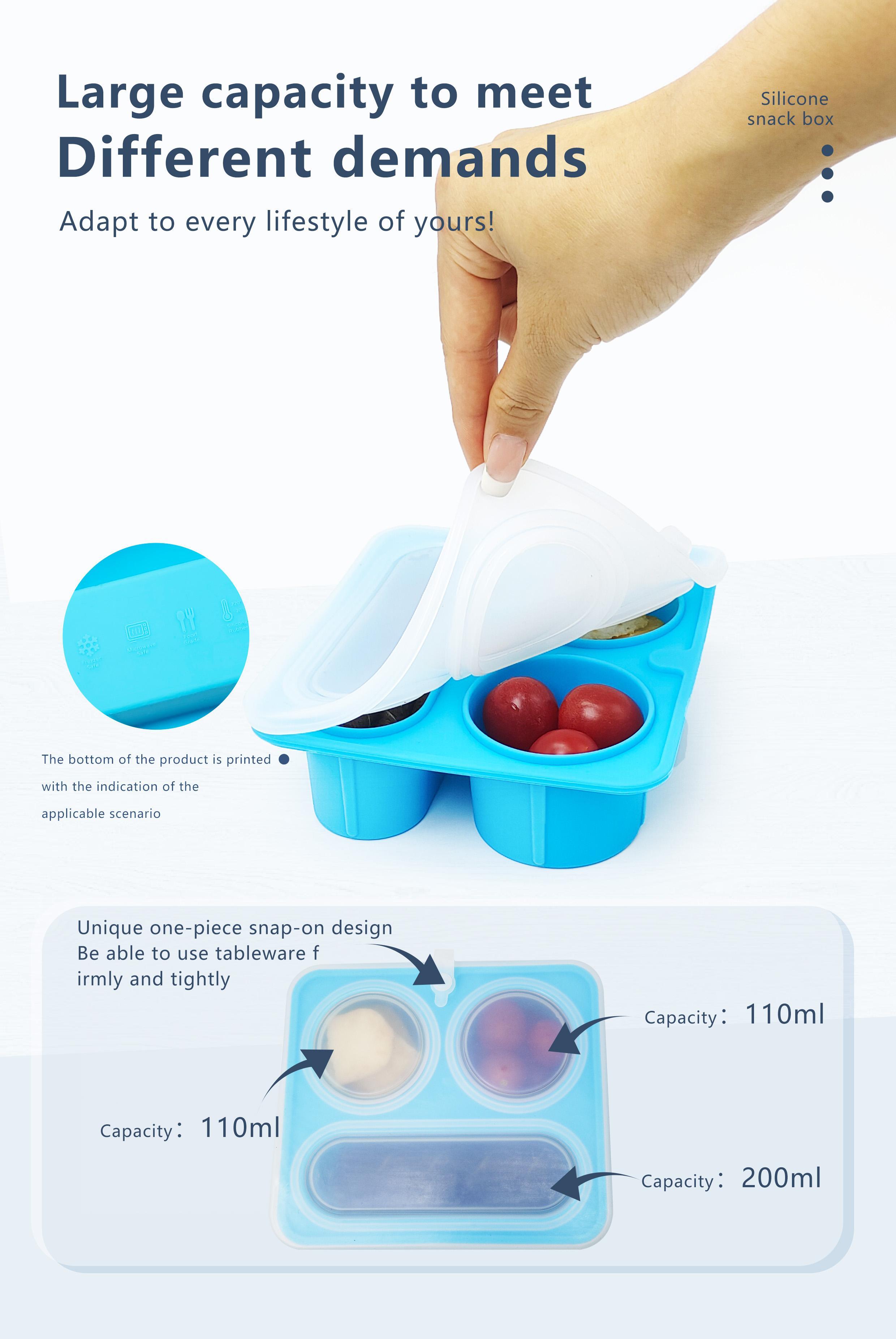 Blue Silicone Divided Snack Box with Lids BPA-Free Leak-Proof Eco-Friendly Microwave Dishwasher Safe for Kids Adults OEM