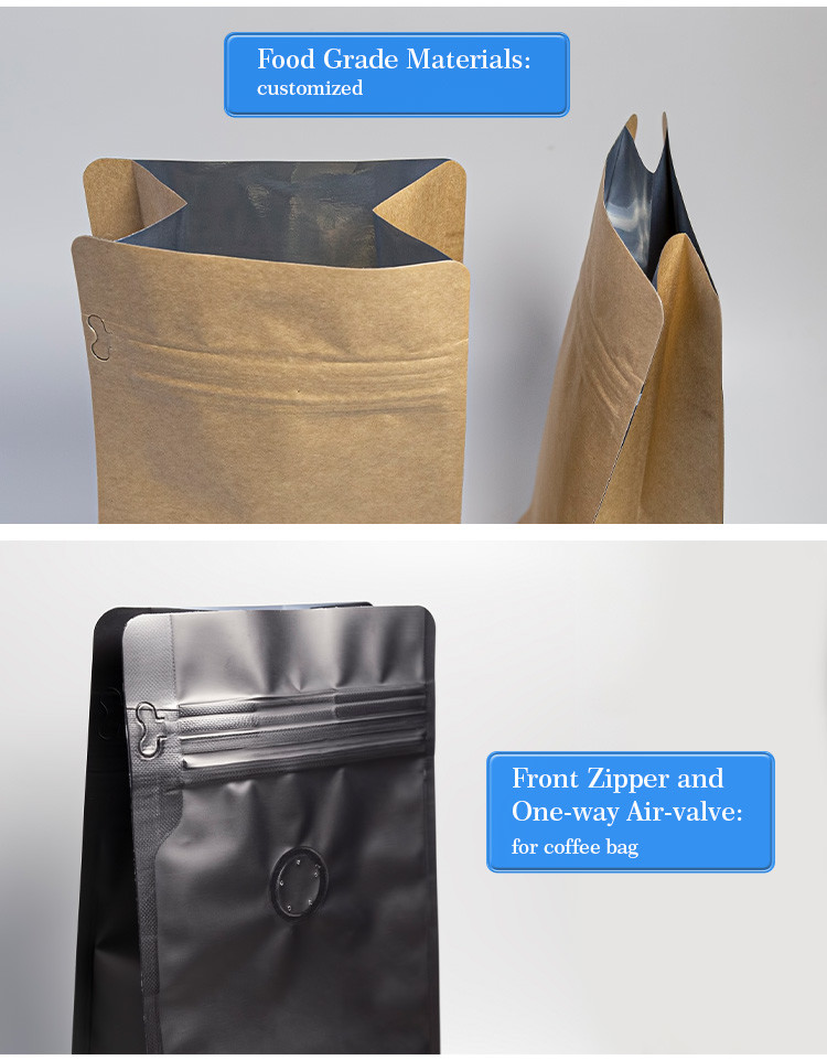 Wholesale Stand Up Bag Flat Bottom Food Packing Zipper Brown Kraft Customized Paper Bag