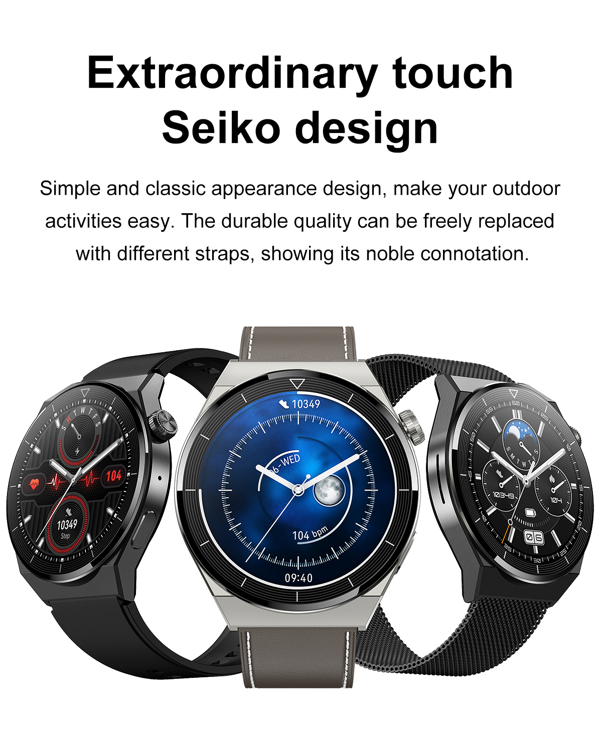Durable Waterproof Test Heart Rate Blood Pressure Wireless Charging 390*390 HD Display Smart Watch