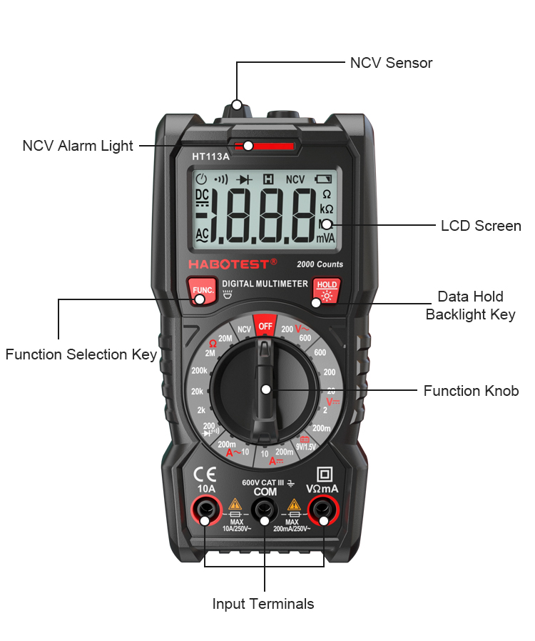 600V Handheld Portable Digital Multimeter Autorange Resistance Battery 2000 Counts