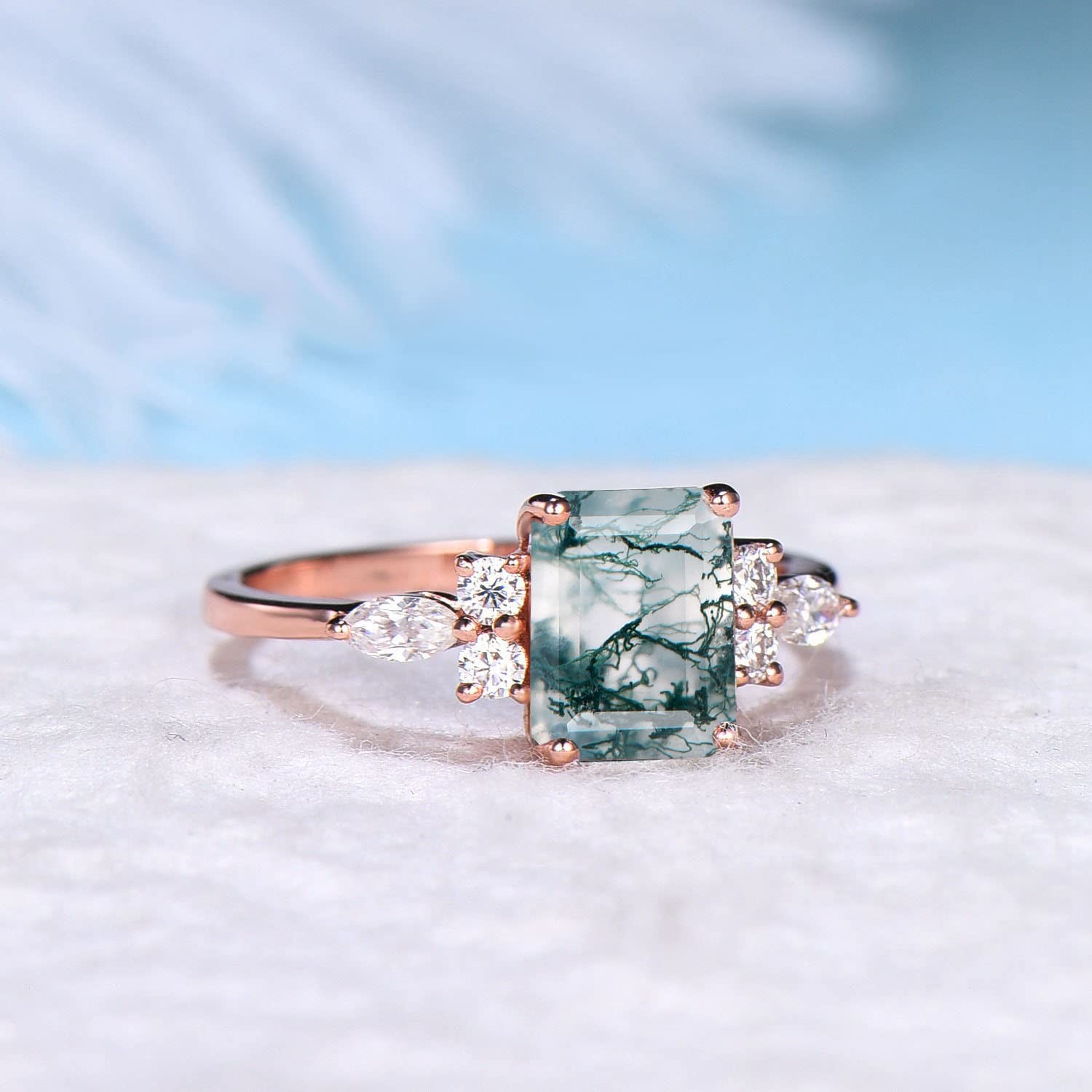 Vintage Green Gemstone Snowdrift Cluster Wedding Ring Natural Moss Agate