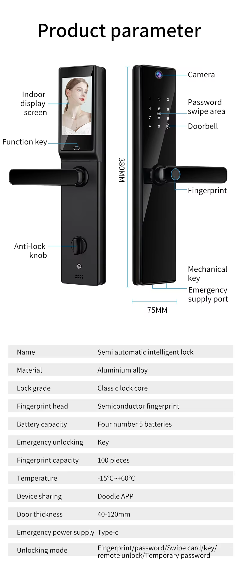 Qleung Video Calling Camera Wifi Fingerprint Code Key Card Tuya Door Lock for Home Hotel