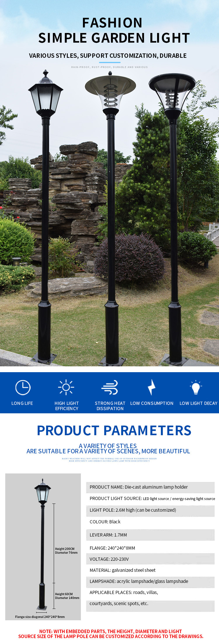 Courtyard Outdoor LED Garden Pole Lights lawn 450mmx390mm E27 Replaceable