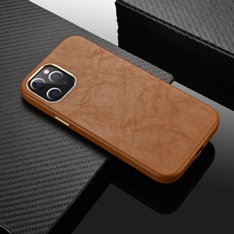 Sheep Grain Genuine Leather Phone Cover for iPhone 14 Pro Max 2022 Design Full Wrapped