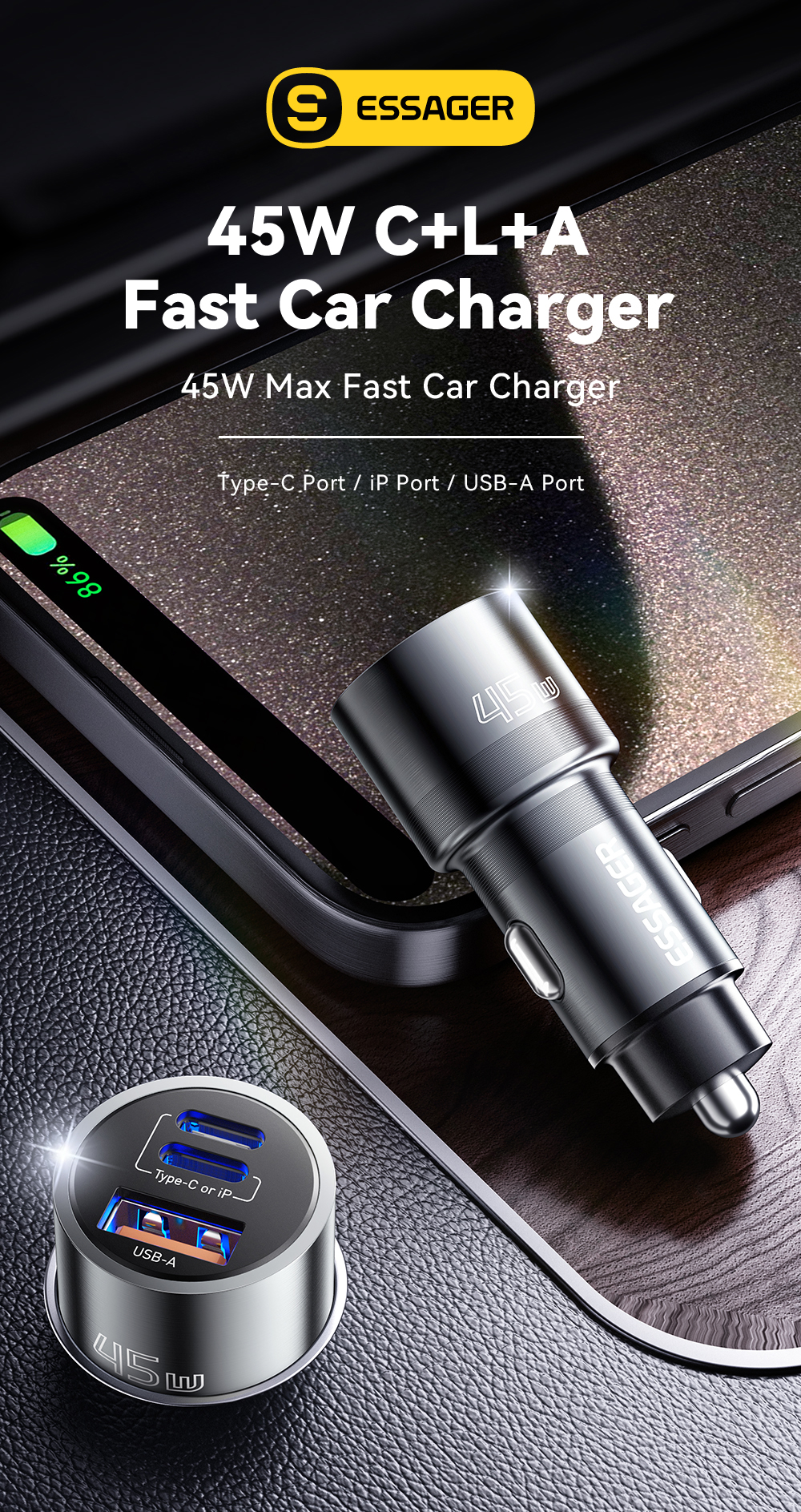 ESSAGER ES-CC14 Series 3 Ports 45W USB L USB C Type C Fast Car Charger