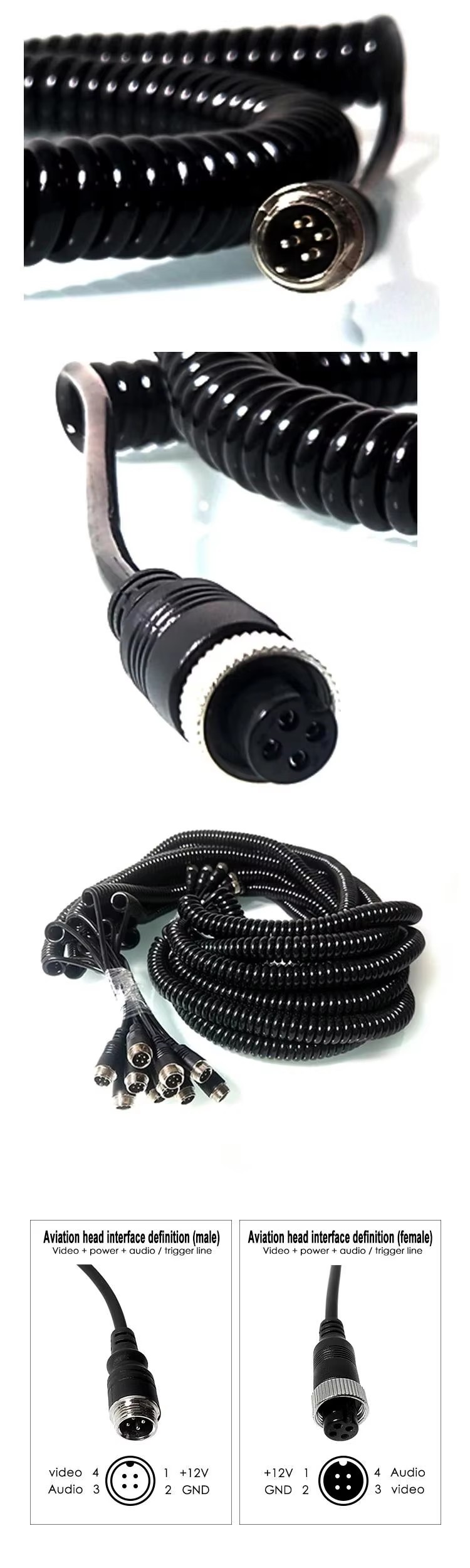 Car Video Aviation Spring Wire Trailer Connector Wire 4-Pin/RCA Spiral Extension Curled Cable