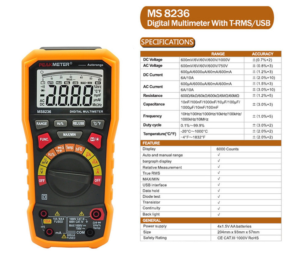 Professional Auto Range Digital Multimeter With USB Interface And T-RMS