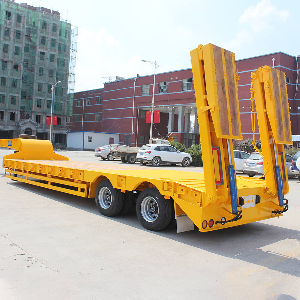 60T Max Payload Steel 2 Axles Lowboy Flatbed Semi Trailer for Long Distance Transport
