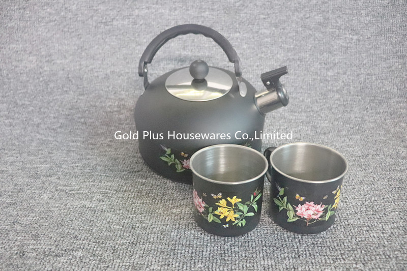 OEM Flower Pattern Stainless Steel Tea Kettle Set With Two Mugs