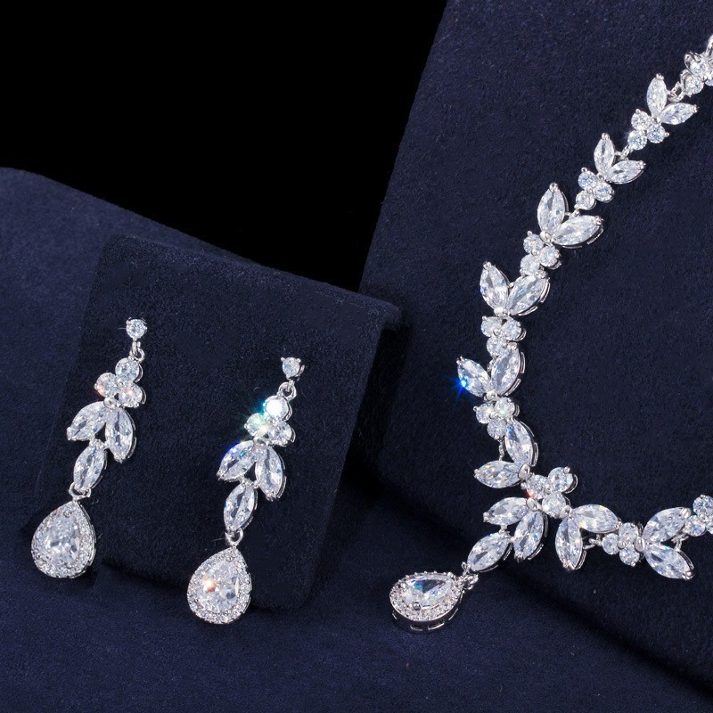 Silver Necklace Jewelry Set Necklace Earrings Jewelry Dainty Bridal Cz Waterdrop Wedding Ring Jewelry Set