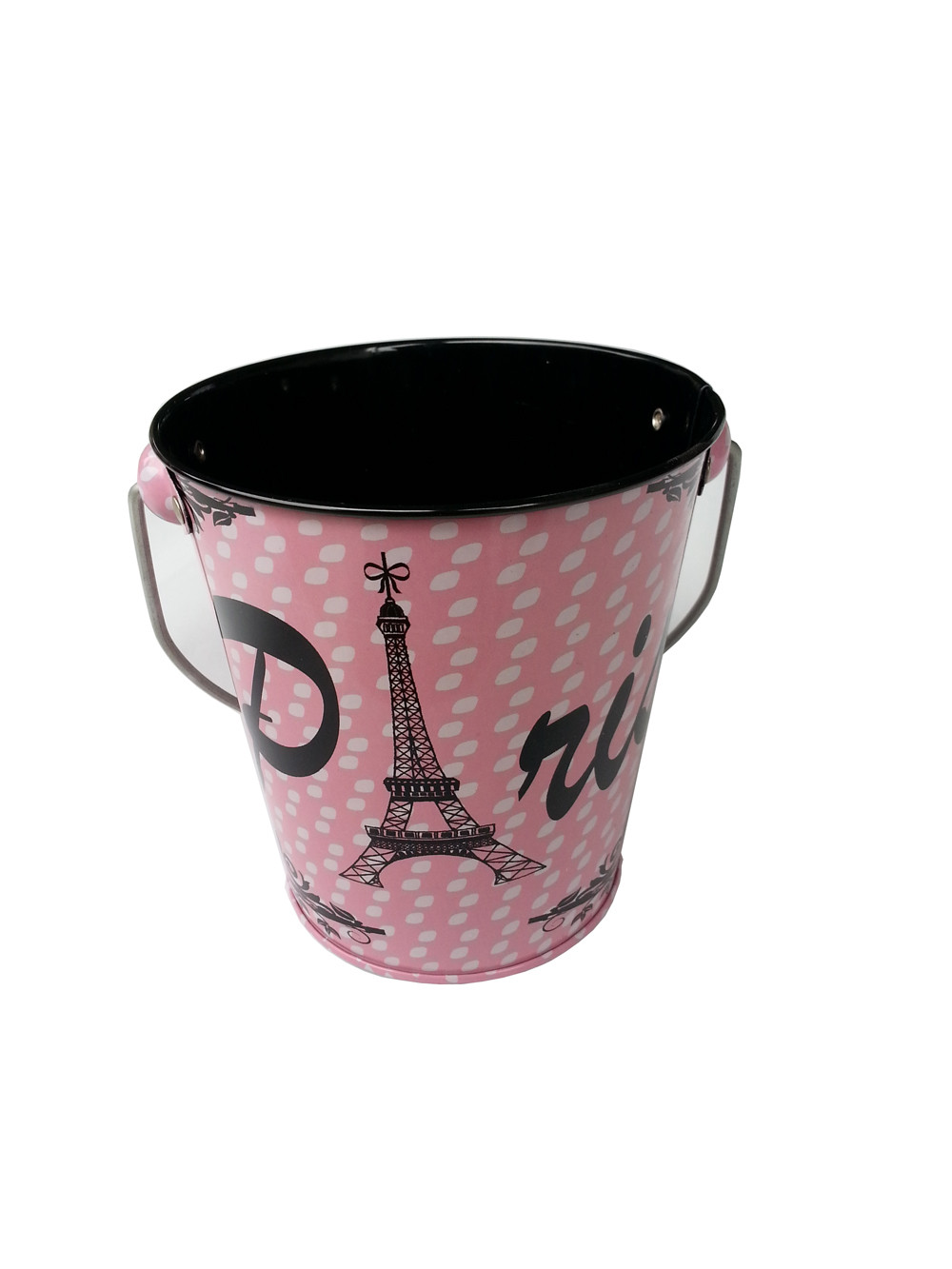 Eiffel Tower Printed Black Tin Metal Bucket With Handle Metal Pail Black