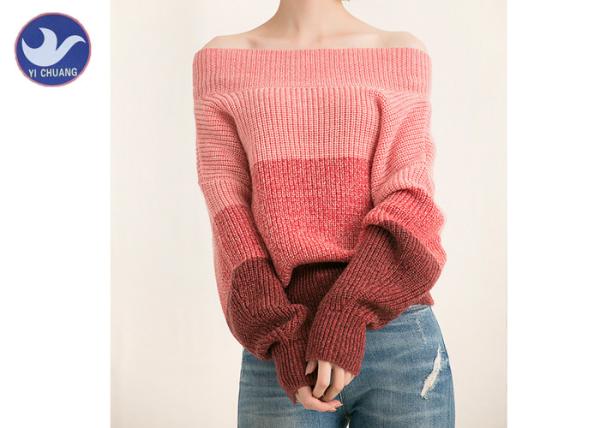 Sexy Off Shoulder Womens Knit Pullover Sweater , Pink Stripes Winter Knitted