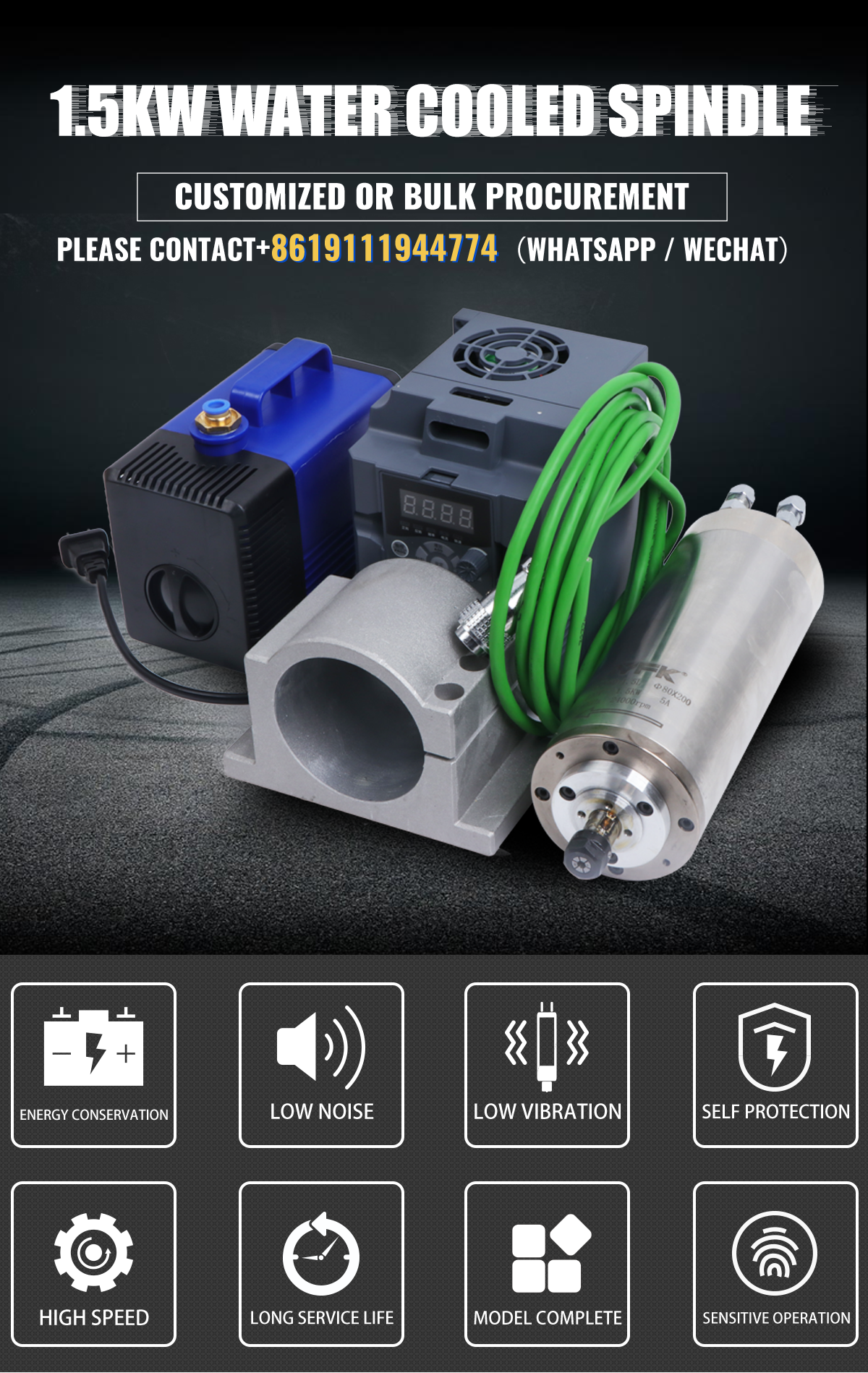 Water Cooled 1.5kw High Frequency Spindle Motor for CNC Router Kits Voltage 220V/380V