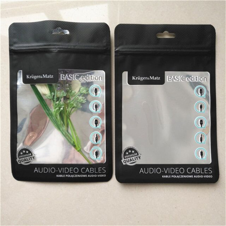 Matte Black Aluminium Foil Pouch Phone Case Packaging Wire Cable Zipper Lock With Clear Window