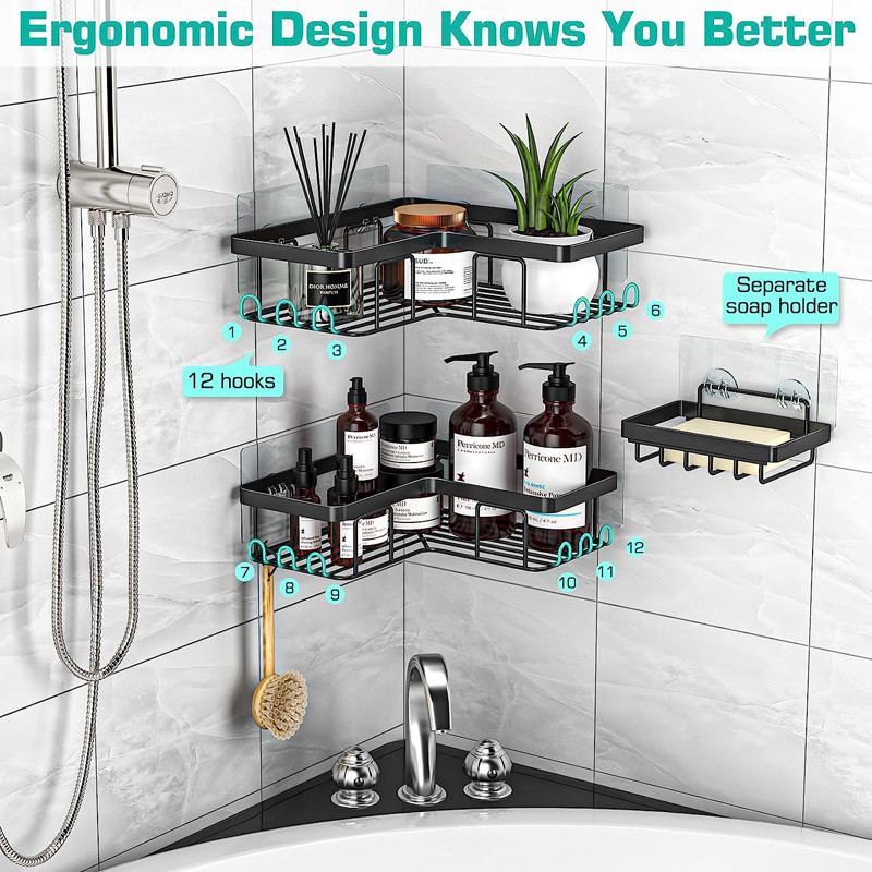 Rustproof Stainless Steel No Drilling Wall Mounted 3-Pack Adhesive Shower Organizer with Soap Holder and 12 Hooks