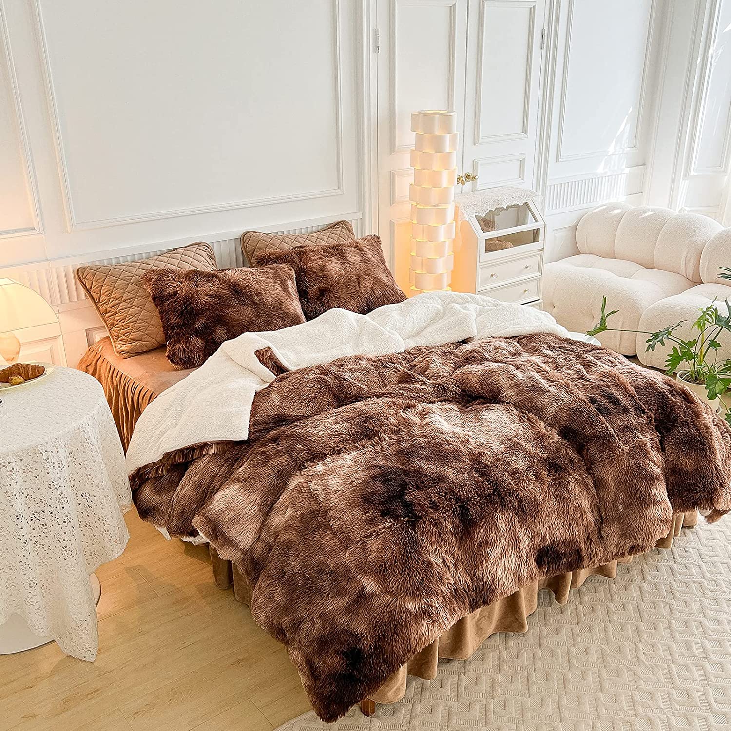 200TC Thread Count Bedding Set Faux Fur Duvet Mink Rainbow Plush Fluffy Luxury Fitted Sheets Set