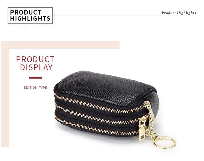 Genuine Leather Purse Three Zip Coin Bag Multi-function Key Bag Wallet Ideal for Daily