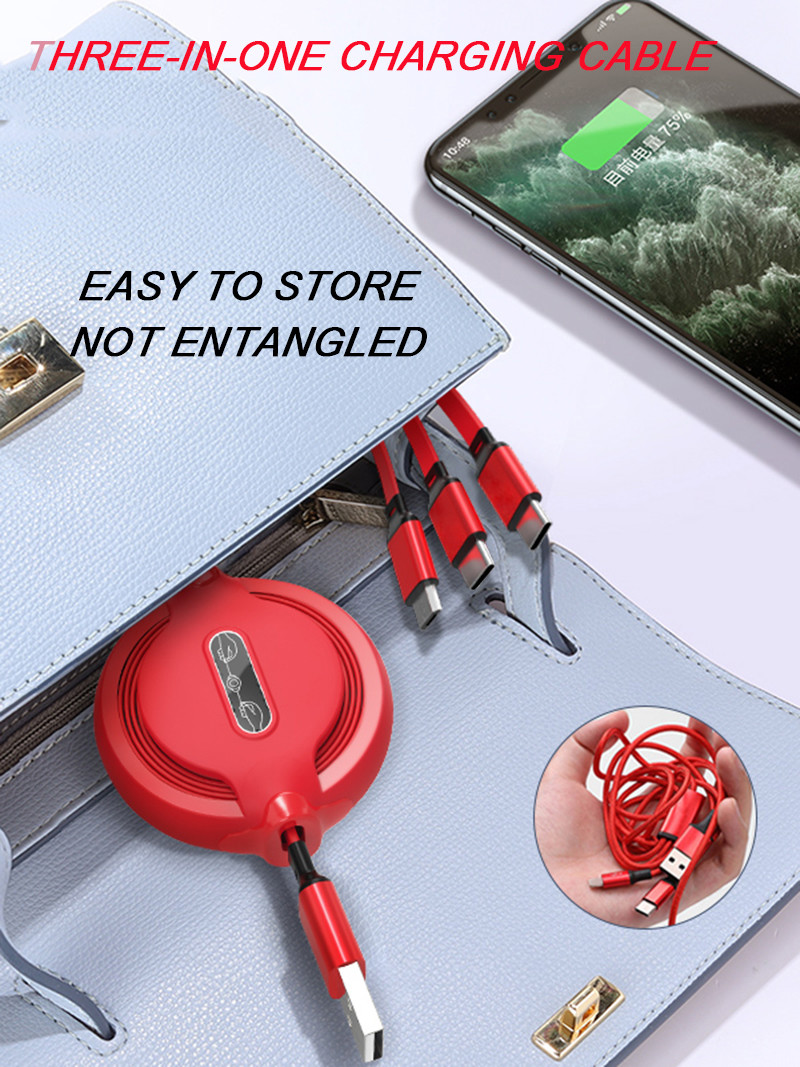 Retractable 3 In 1 USB 2.0 Charging Cable Extendable Data Transfer