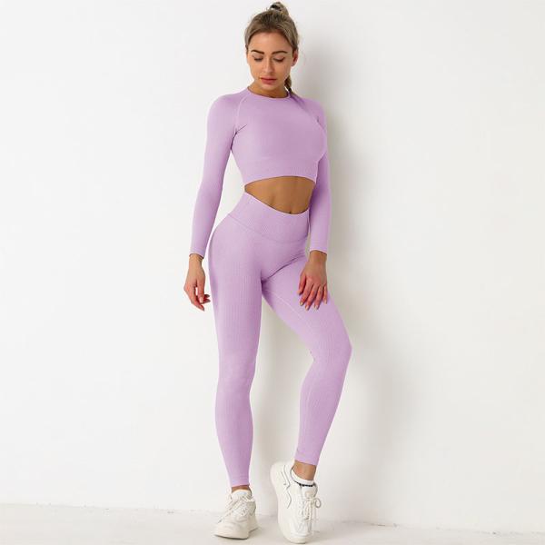 Purple Seamless Yoga Set Clothes Running High Waist Ribbed Long Sleeve Top