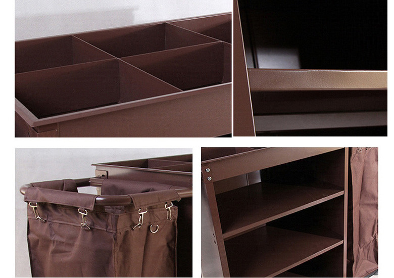 Brown Hotel Room Service Trolleys with 6 Inches PPR Casters Heavy Duty Linen Bags