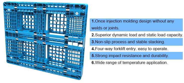 100% Virgin HDPE wear-resistant anti-slip stackable plastic pallet, China Manufacturer accept custom standard stacking p