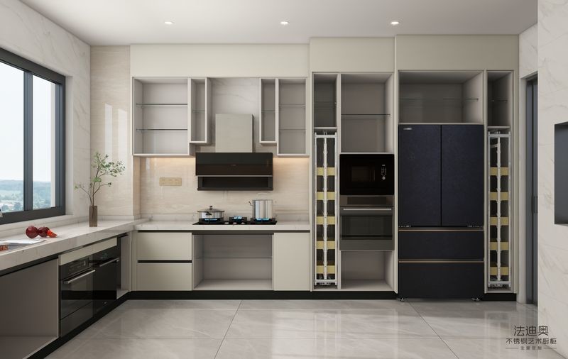 Off-White Stainless Steel U-Shaped Kitchen Cabinet With Seamlessly Integrated Design